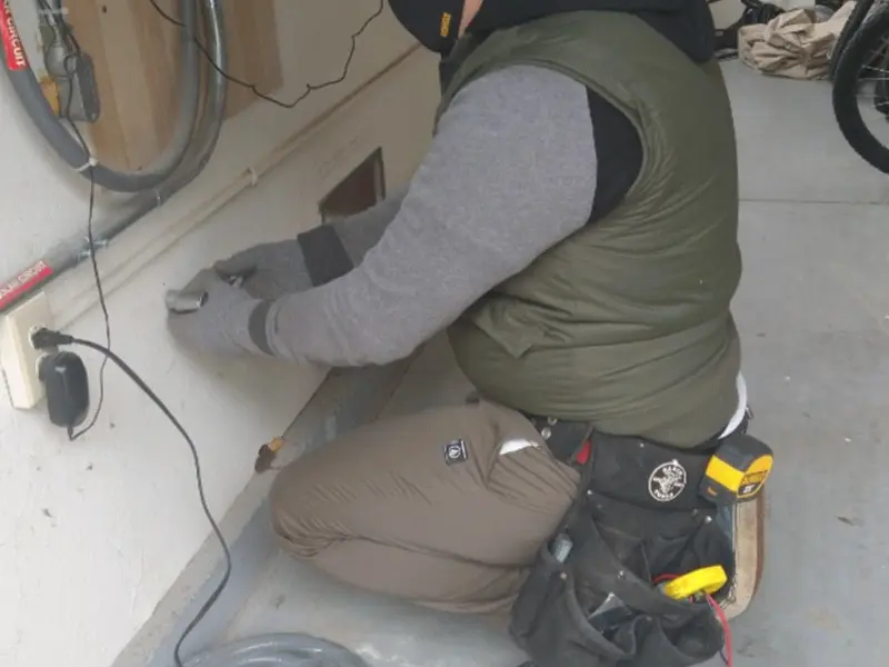Electrician performing outlet wiring in a Highlands Ranch garage